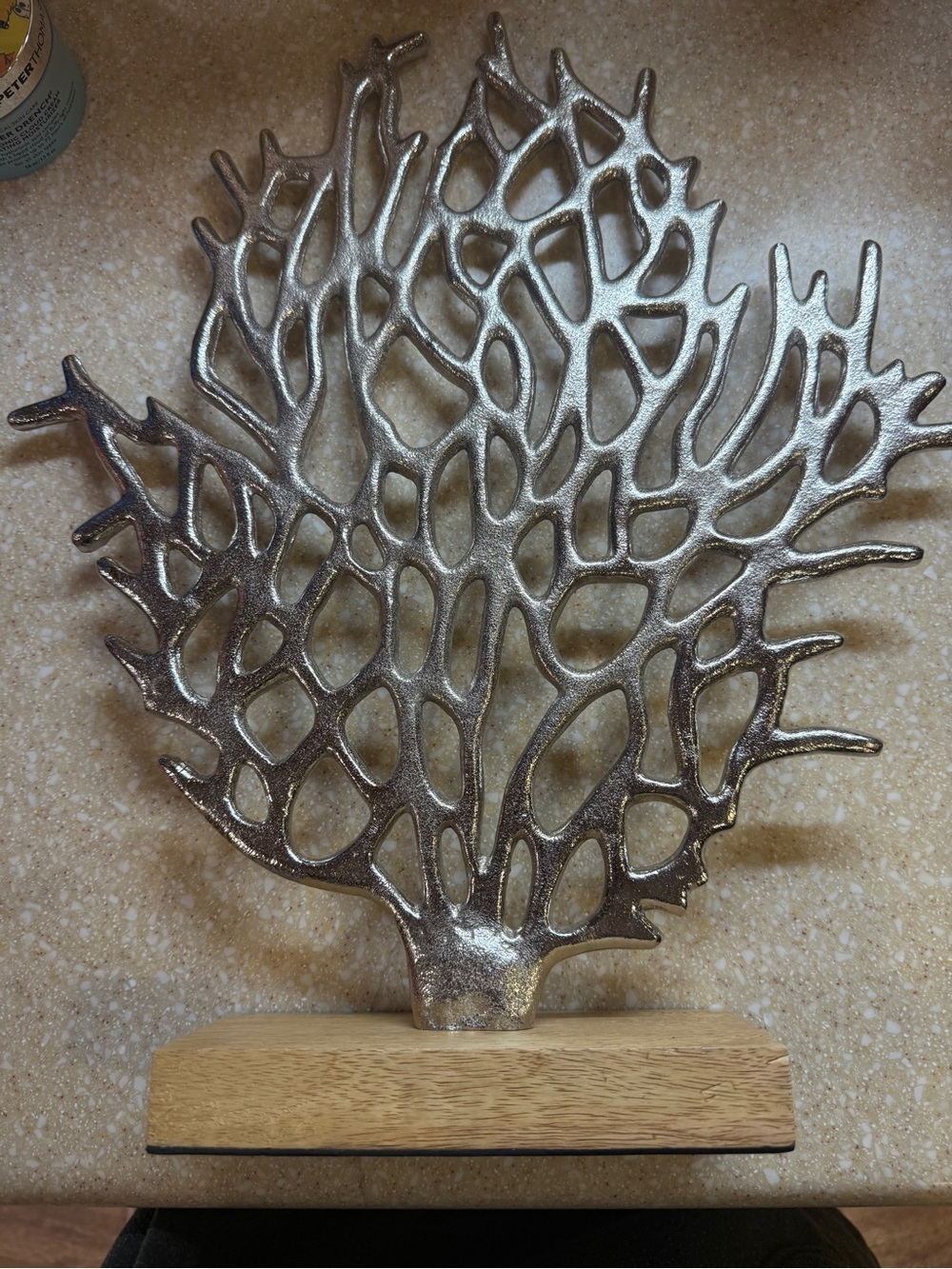 Silver Coral Branch Home Decor on Wooden Base Ocean Sea Decoration - Picture 5 of 12